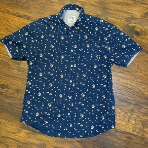 Alpha Beta Navy AOP Button Down Shirt | Retro Pokémon Vibe Geometric Print Top